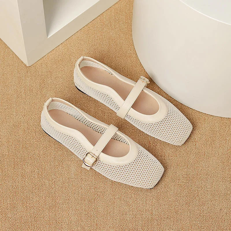 Women's beige mesh hollow out pumps with buckle fastening and square toe on a flat sole.