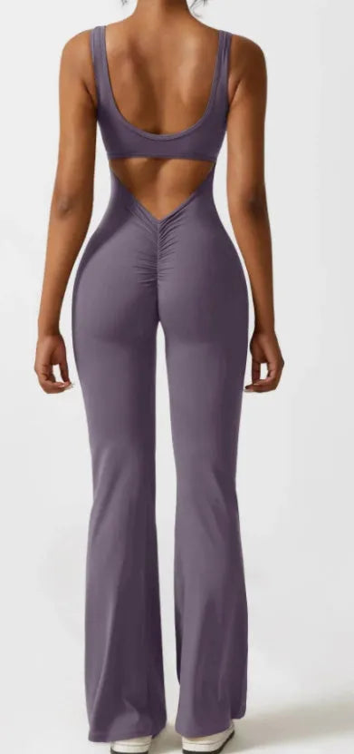 Women's tight Milk Silk yoga bodysuit in seamless hollow design with chest pad, shown in a trousers-length mid-waist fit.