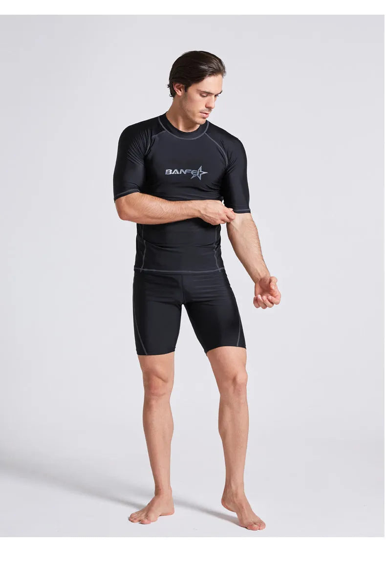 Men's quick-dry swimsuit set with swim top and pants for snorkelling and surfing activities
