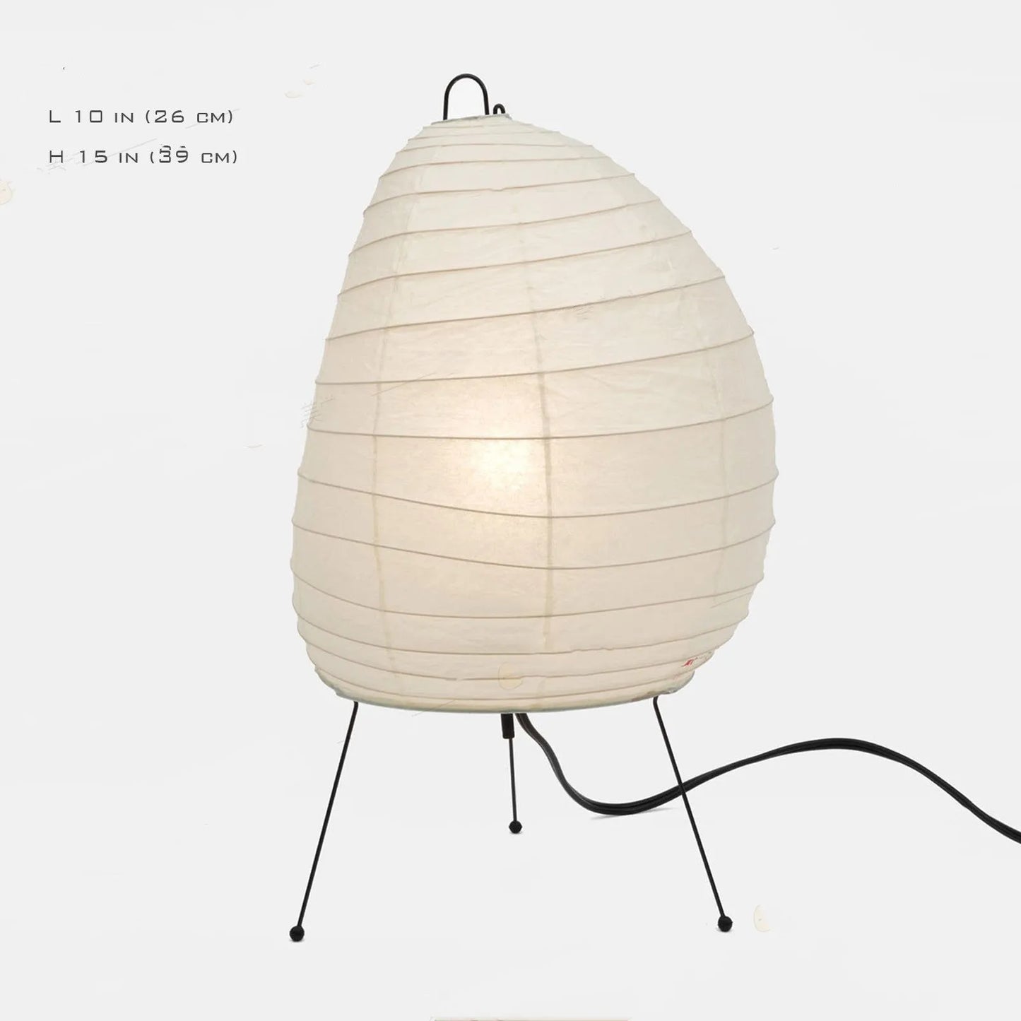Japanese style table lamp with a white handmade rice paper shade on a slim aluminium base.