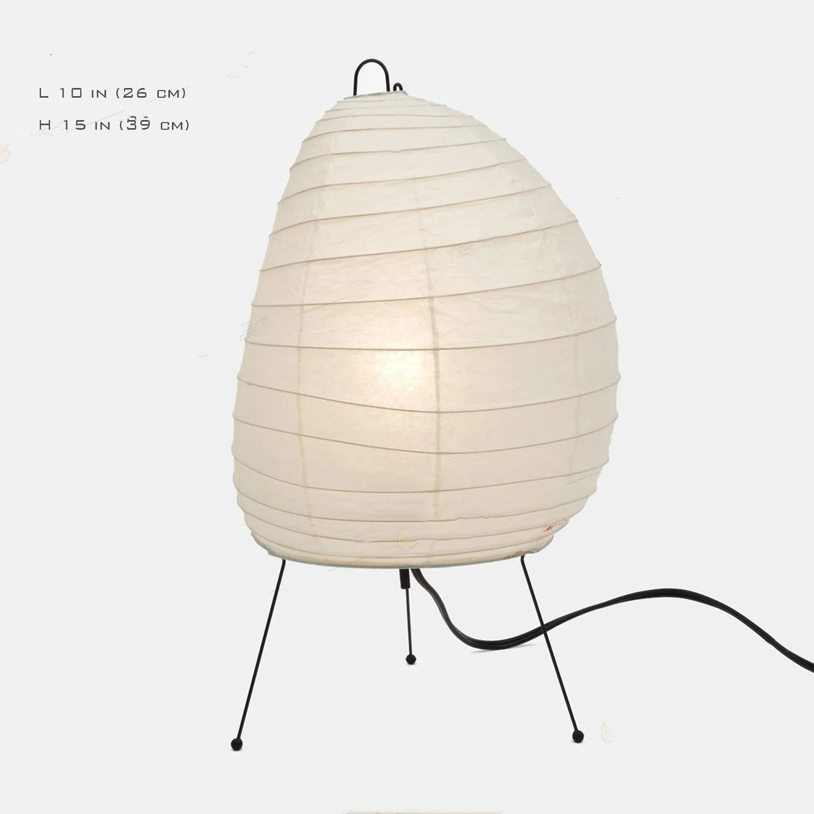 Japanese style table lamp with a white handmade rice paper shade on a slim aluminium base.