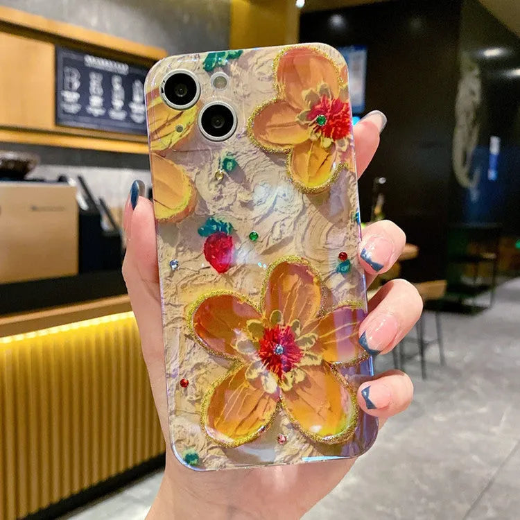 Purple and yellow soft silicone phone case with oil painting flower design and diamond drop glue decoration