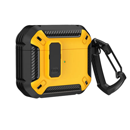 Hard plastic clamshell case for AirPods with a carabiner hook attached, shown in a black and yellow two-tone colour.