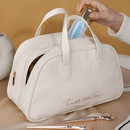 Leather travel toiletry bag with dry-wet separation compartments in caramel mocha colour