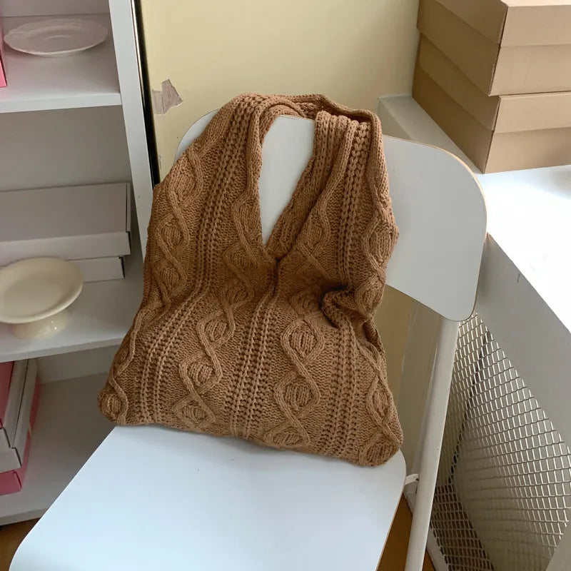 Women's retro crochet shoulder bag in hollow-knitted polyester with double straps, shown in khaki colour