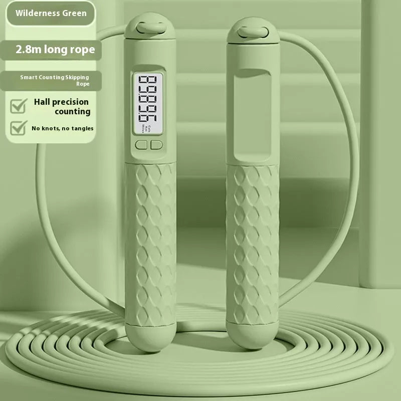 Skipping rope with bearings in various colours like black long shoelace or green cordless, made from ABS plastic for fitness use.