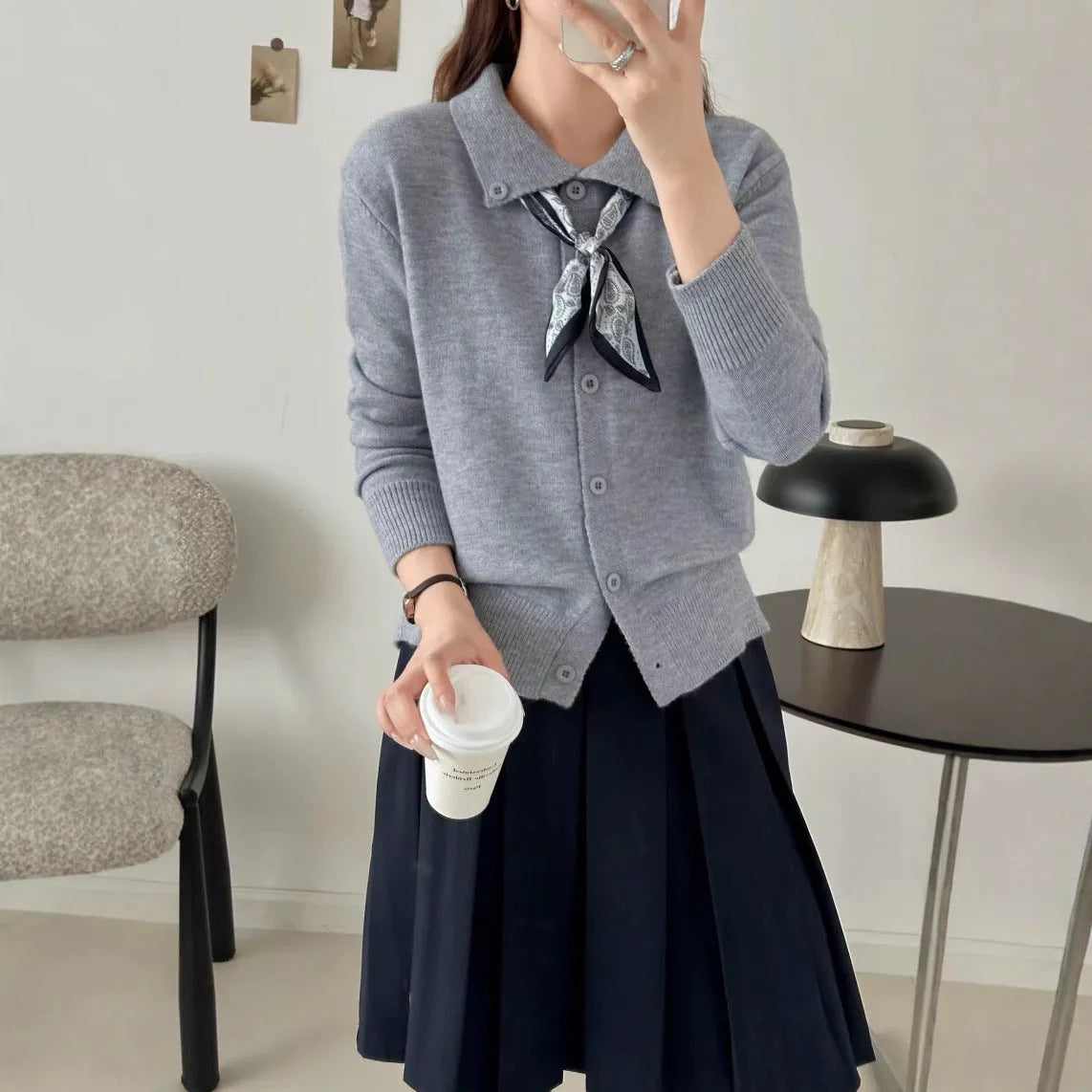 Lazy Fashion grey cardigan sweater with an attached scarf lapel, long sleeves, and an oversized free-size fit.