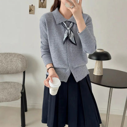 Lazy Fashion grey cardigan sweater with an attached scarf lapel, long sleeves, and an oversized free-size fit.