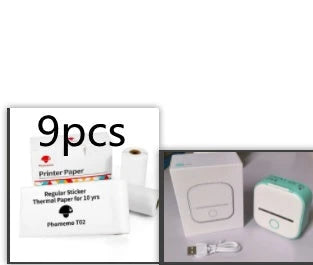 Compact Bluetooth-enabled thermal label printer in white, pink, and green colors with various label options