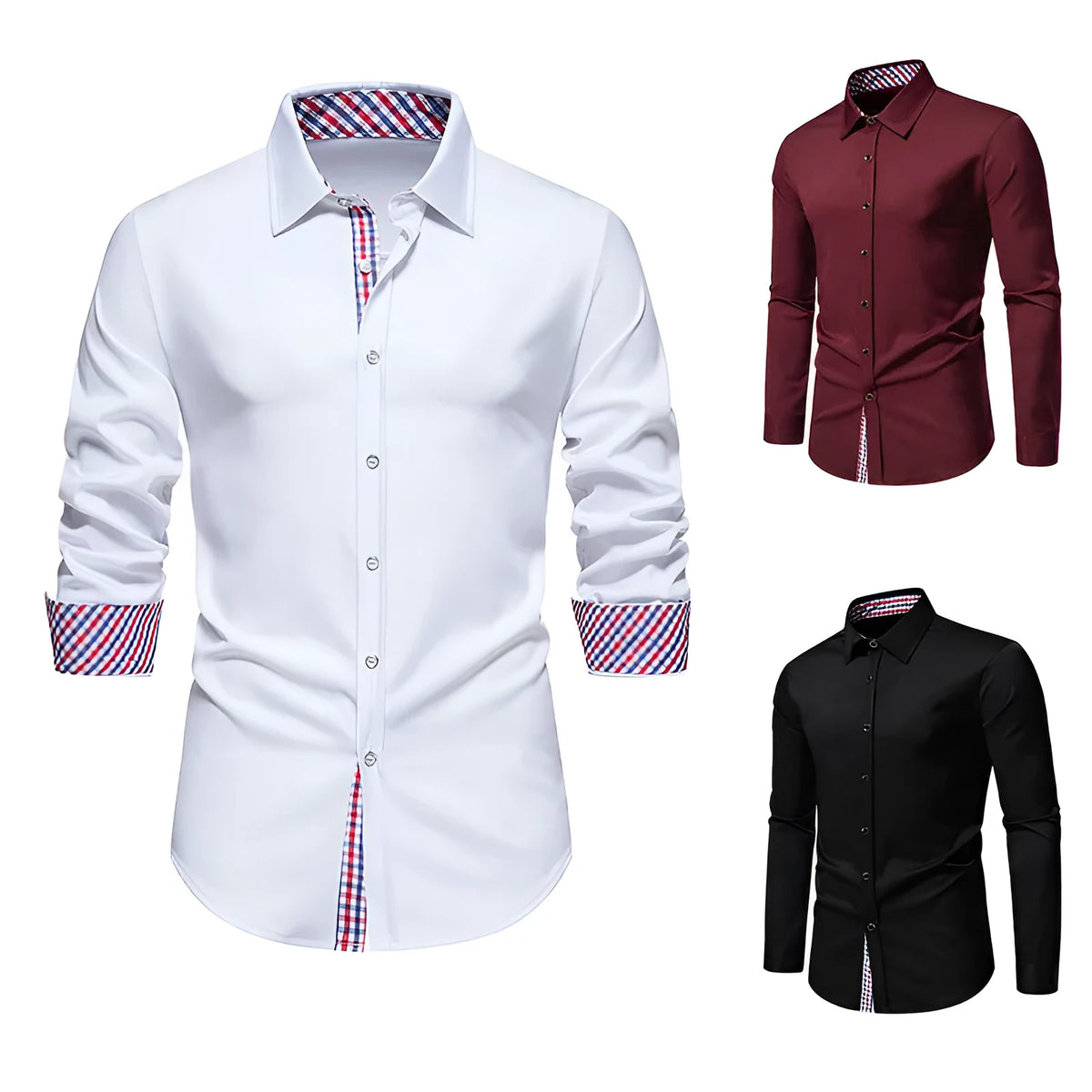Men's loose plaid stitching casual long-sleeved shirt in black, white or wine red colours