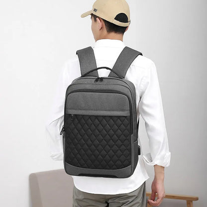 Men's Oxford cloth travel backpack with curved shoulder straps and diamond mesh panels in black colour