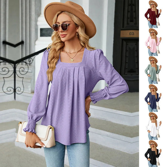 Elegant Jacquard Pleated Top in a variety of chic colours, featuring a unique pattern and flattering square neckline