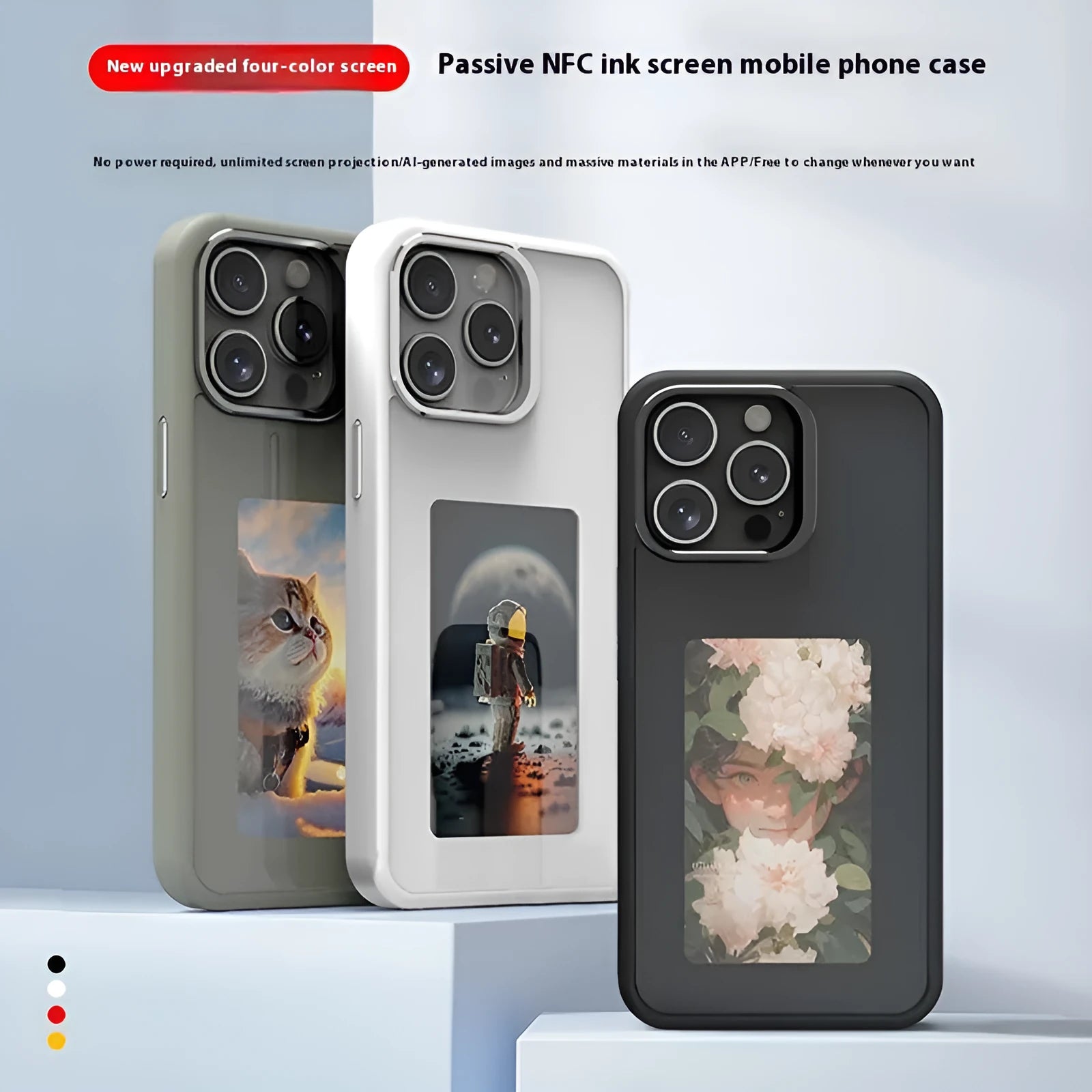 NFC projection screen e-ink phone case with bracket in Graphite Black, Green, and Pink for iPhone Pro models.