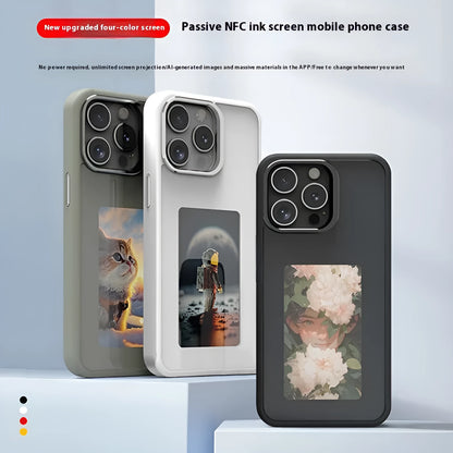 NFC projection screen e-ink phone case with bracket in Graphite Black, Green, and Pink for iPhone Pro models.