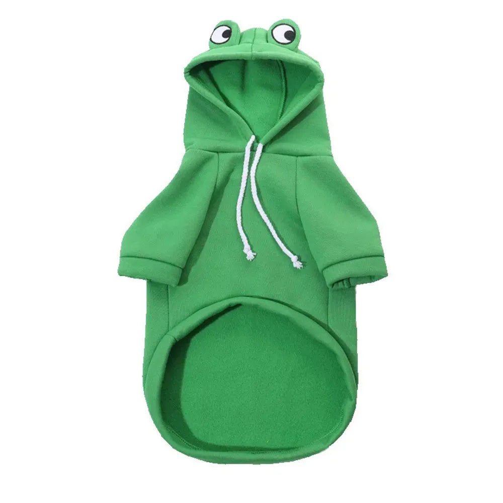 Green frog costume hoodie on small dog showing hood and four-leg design