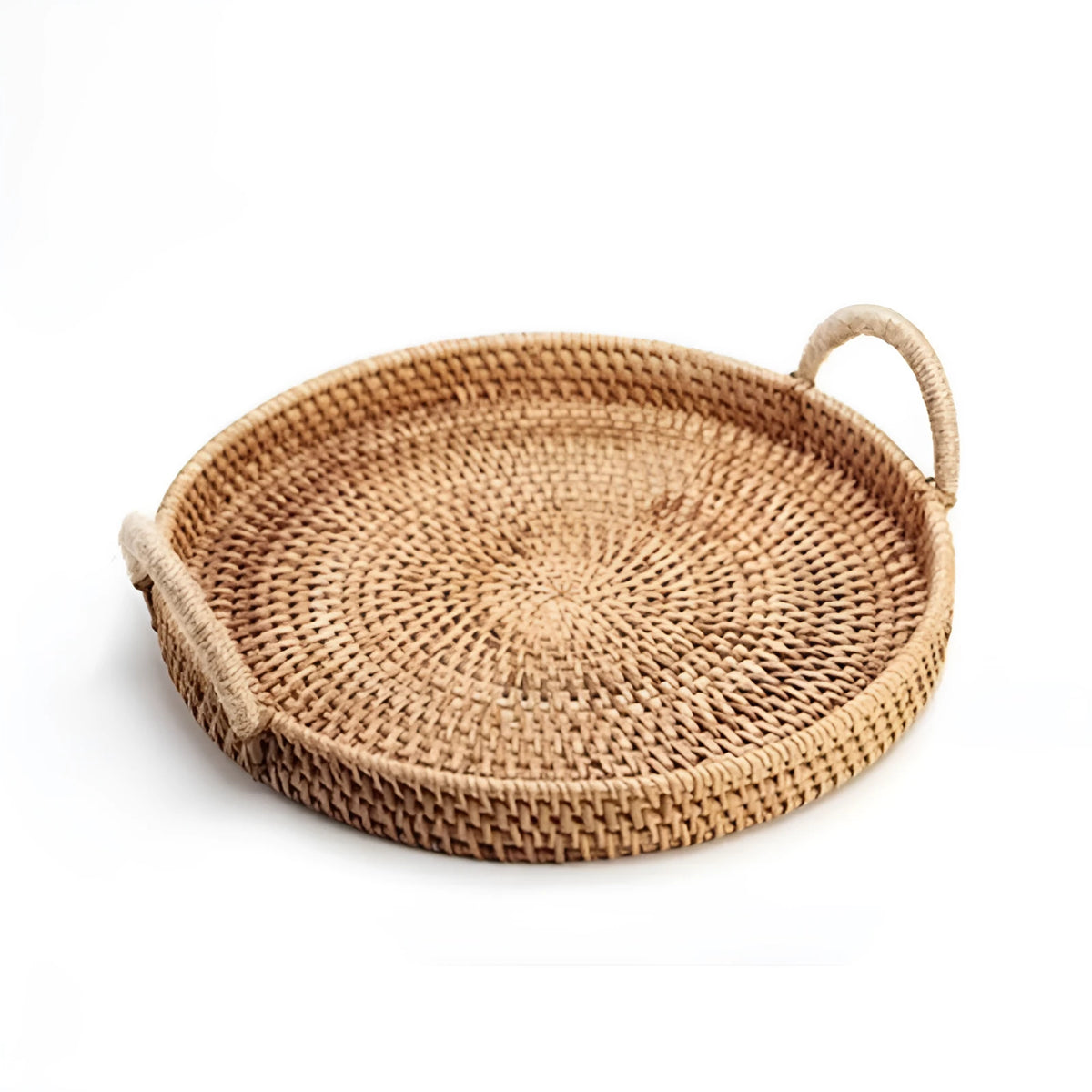 Round handwoven rattan basket with wooden handle and fabric liner in three size options