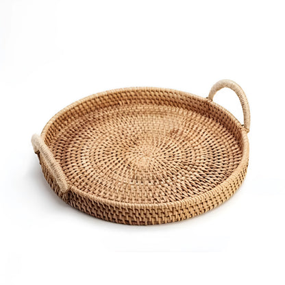 Round handwoven rattan basket with wooden handle and fabric liner in three size options