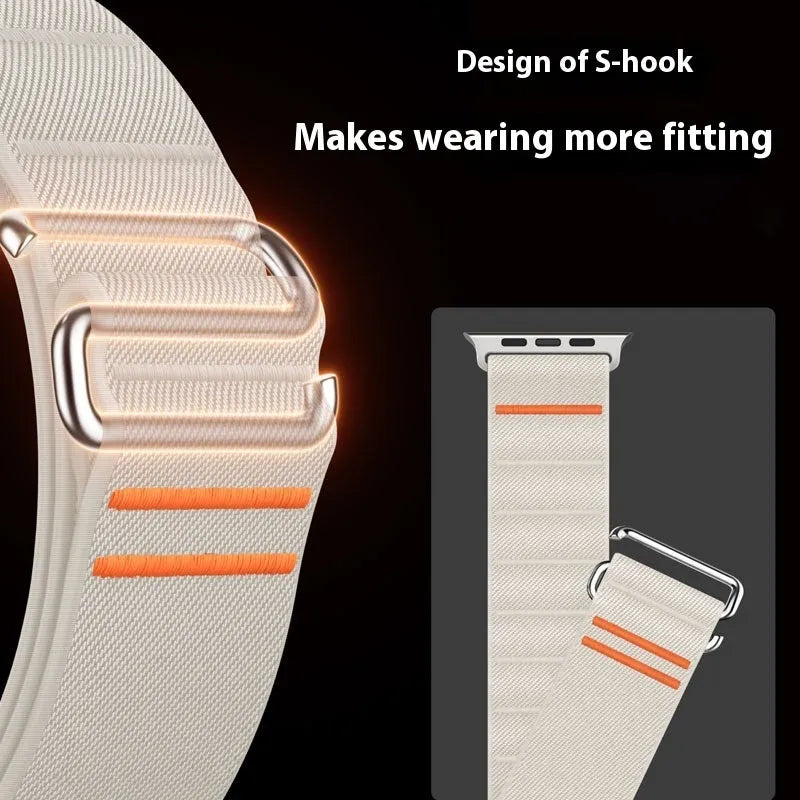 Elastic nylon Apple Watch band with stainless steel buckle shown in Army Green colour on a wrist.