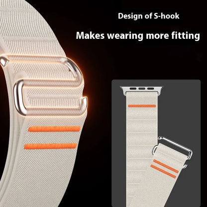 Elastic woven nylon Apple Watch band with stainless steel buckle shown in Army Green colour.