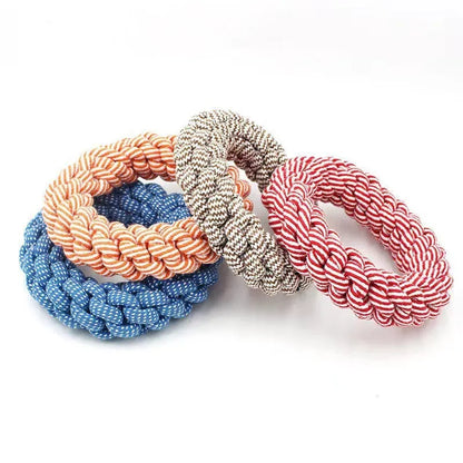 Cotton braided ring knot dog toy showing 18cm diameter, textured knot construction, random colour