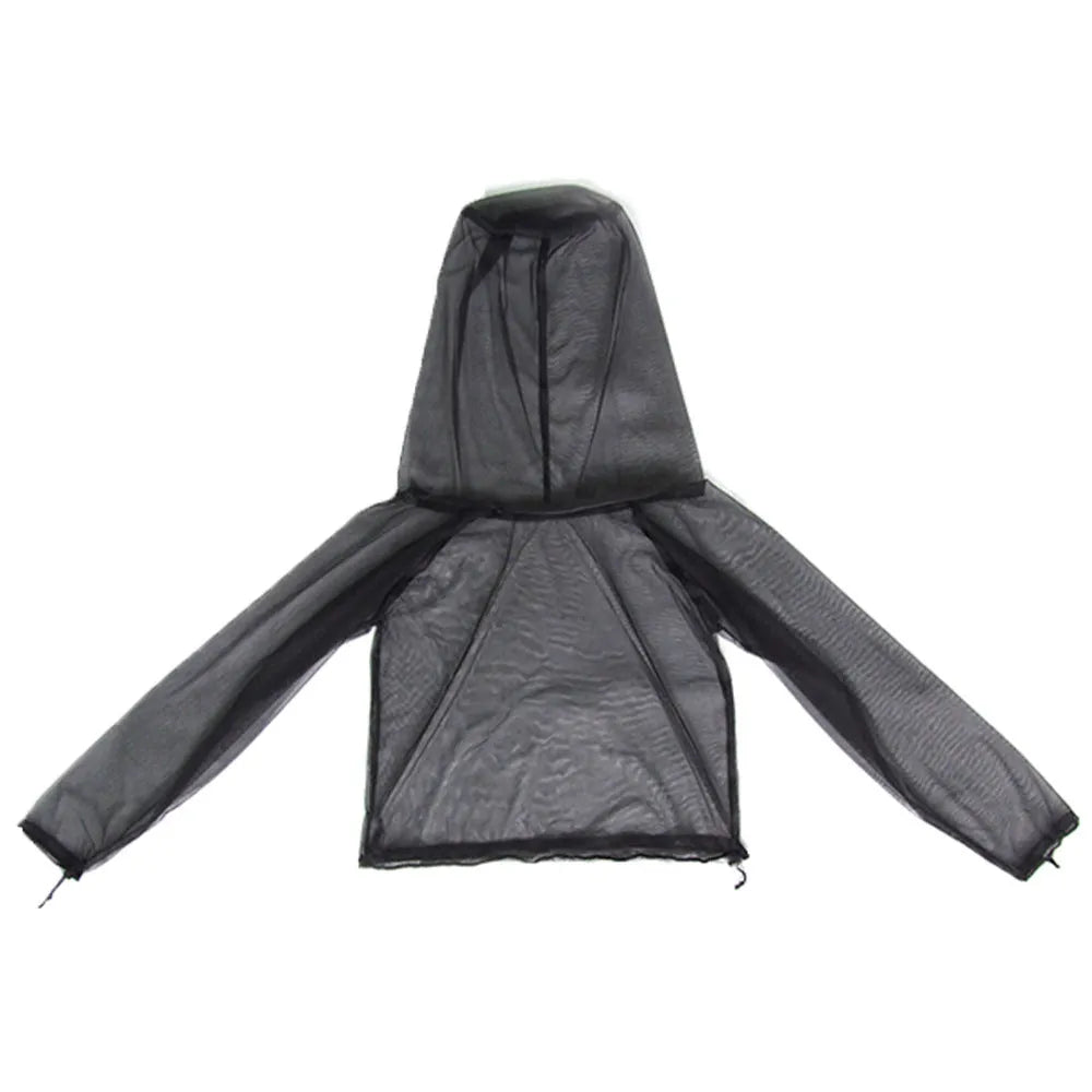 Anti-mosquito hooded suit and trousers set in breathable mesh fabric for outdoor wear.