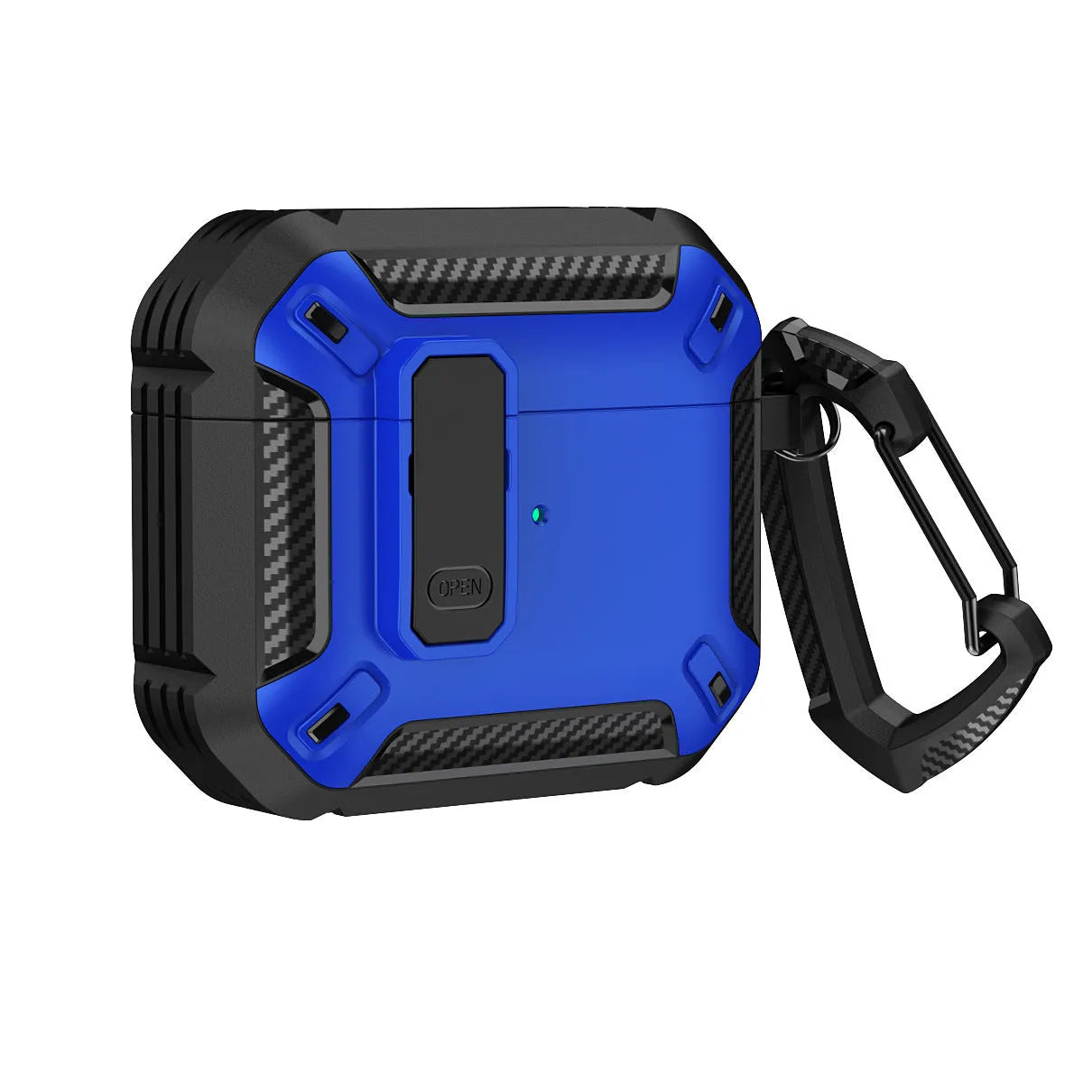 Hard plastic clamshell case for AirPods with a carabiner hook attached, shown in a black and yellow two-tone colour.