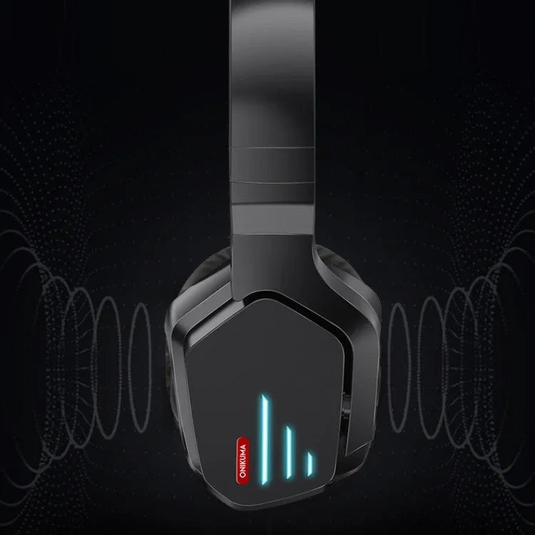 Luminous black wireless gaming headphones showing over-ear design and head-mounted construction