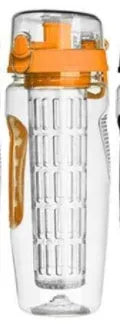 32oz clear Tritan plastic fruit infuser water bottle with a separate fruit cup and leakproof lid.