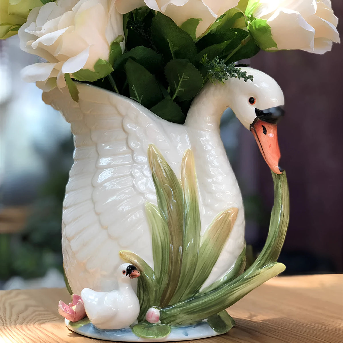 Ceramic swan vase with embossed pastoral style, 24.1cm by 15.2cm by 20cm, single vase in picture colour.