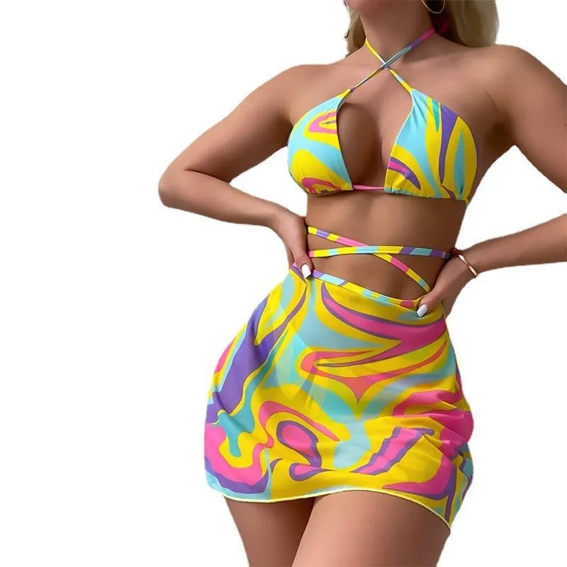 Yellow striped women's halter neck lace-up swimsuit with matching skirt and shorts