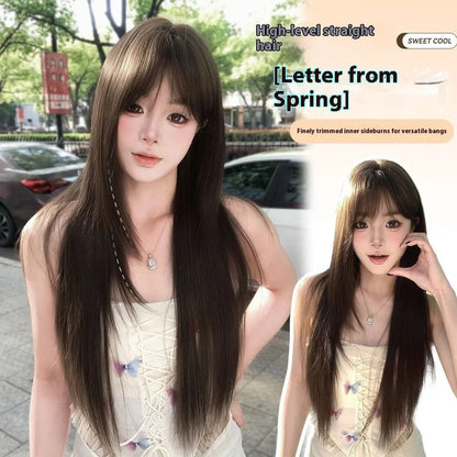 Brown-black high-temperature fibre wig with seven-piece volume-enhancing construction and wear-free hair net