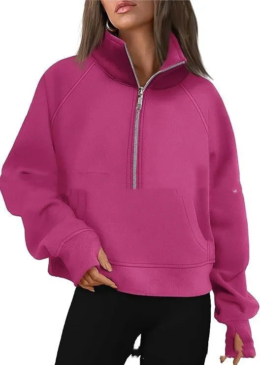 Women's loose lapel fleece-lined sweater in a solid colour with raglan long sleeves.