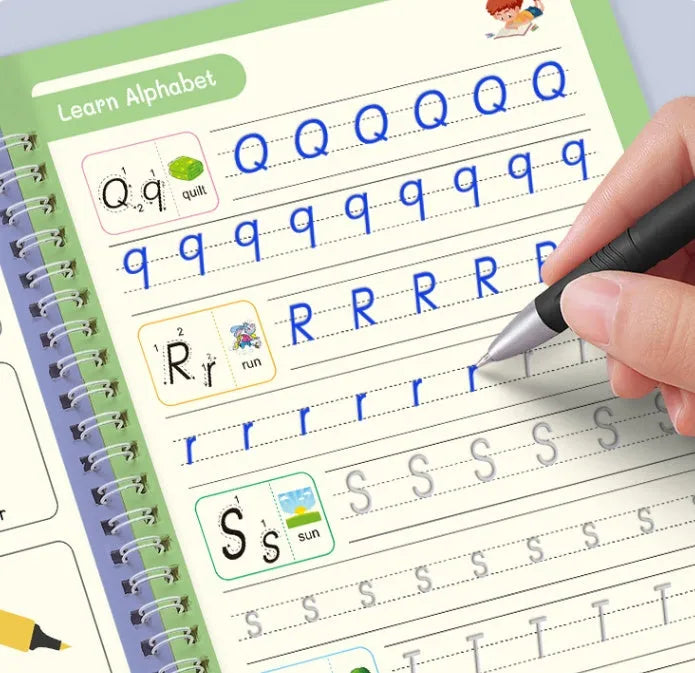 English children's handwriting practice copybook with groove design, pen, and ten refills