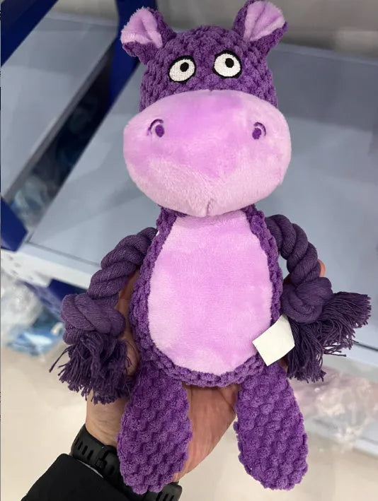 Hippo design plush dog toy with sound feature and cotton rope interior for interactive tug training