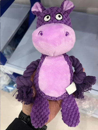 Hippo design plush dog toy with sound feature and cotton rope interior for interactive tug training