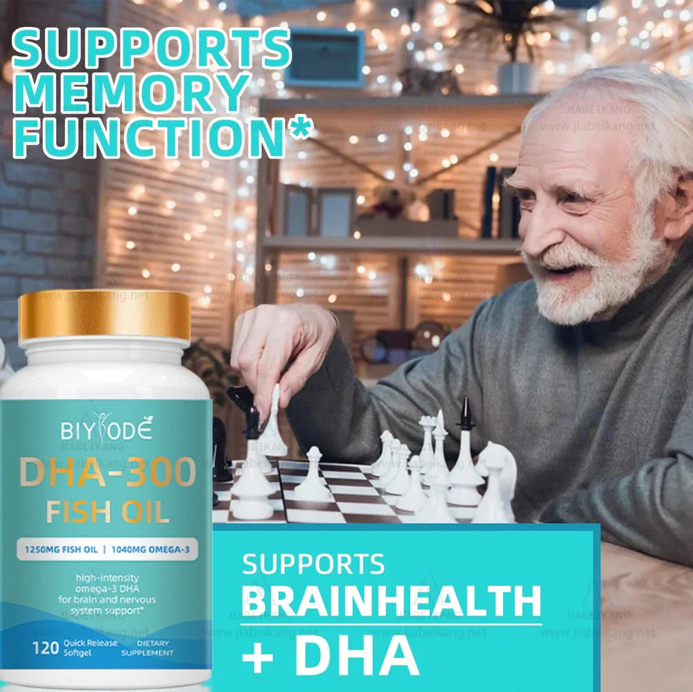 DHA-300 Omega-3 Fish Oil Softgel Capsules bottle containing 120 capsules for joint and immune support