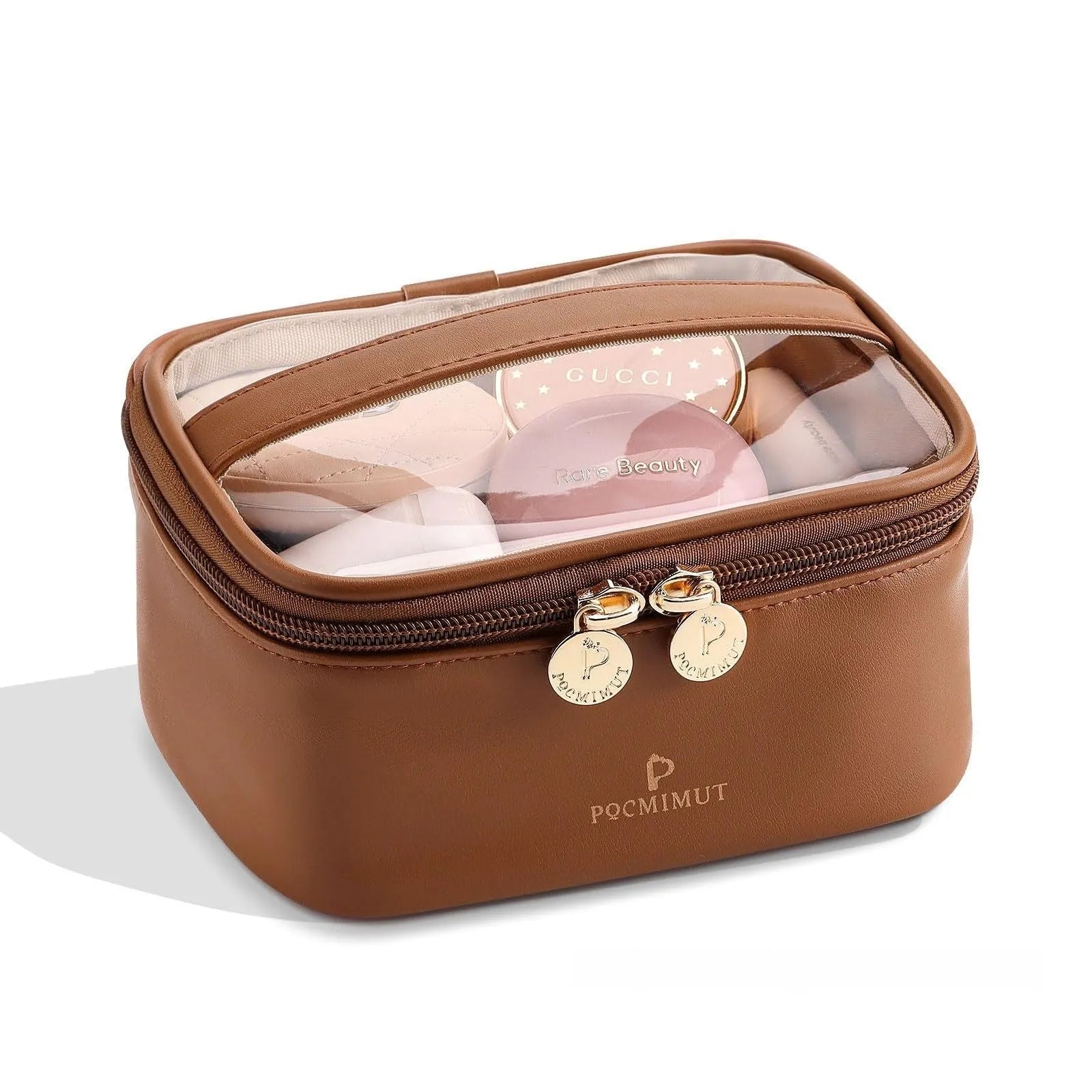 Transparent PVC leather cosmetic bag showing interior organisation with dry wet separation