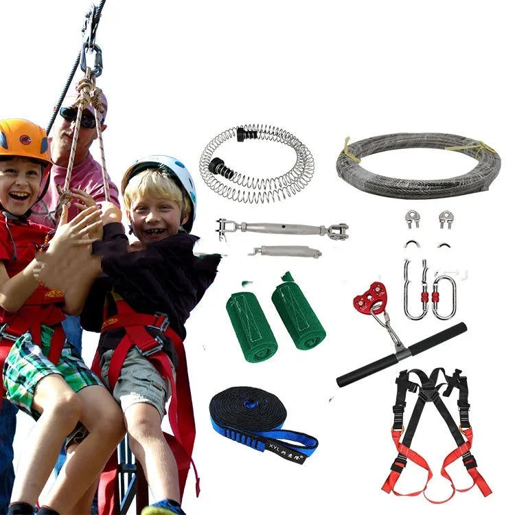 XYL Ziptreck 10-metre pulley slide rope set with handle, safety retractor, and multiple alloy steel locks laid out.
