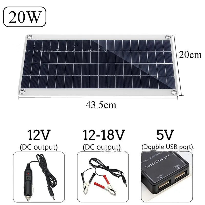 Polysilicon solar panel with dual USB ports for outdoor charging of mobile phones and tablets.