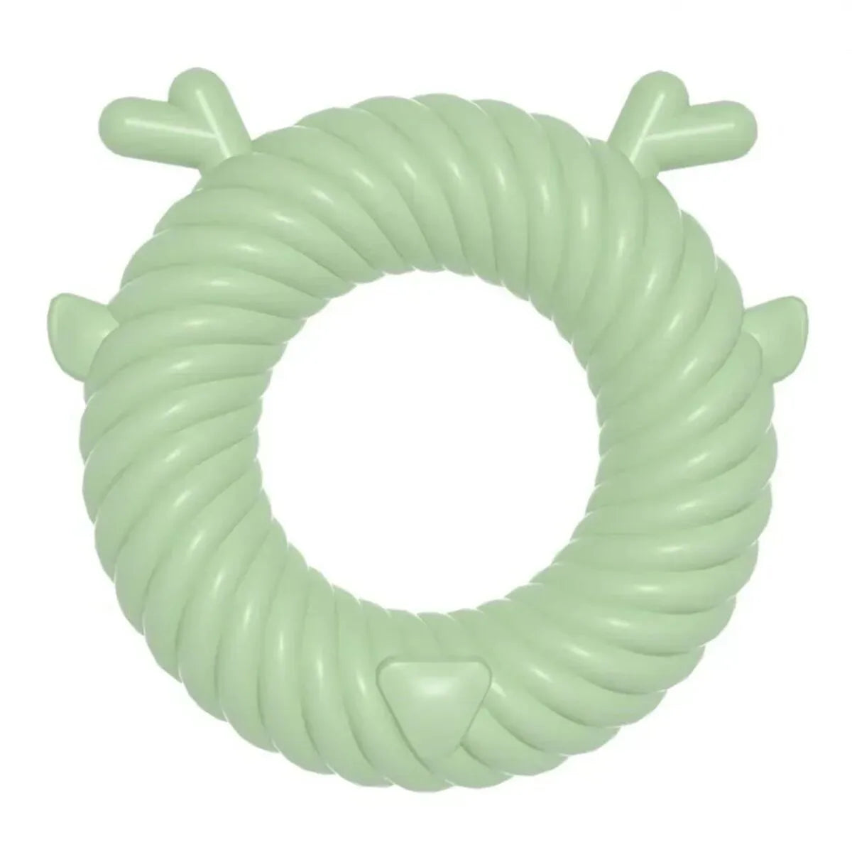 Deer-shaped dog chew toy with spiral grooves in light blue, pink, or green colours