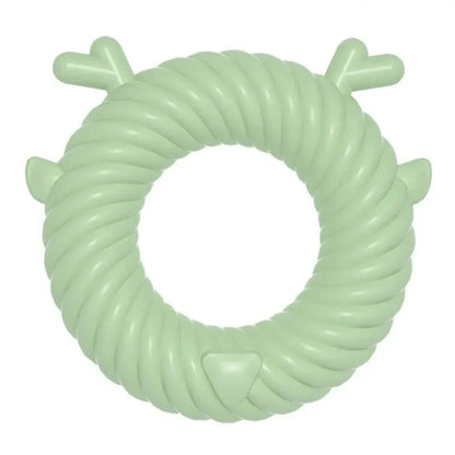 Deer-shaped dog chew toy with spiral grooves in light blue, pink, or green colours