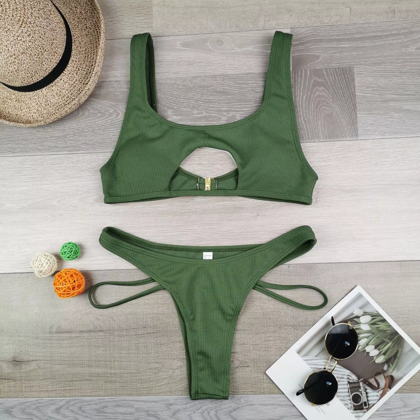 Women's solid colour bikini with hollow snake fabric for swimming