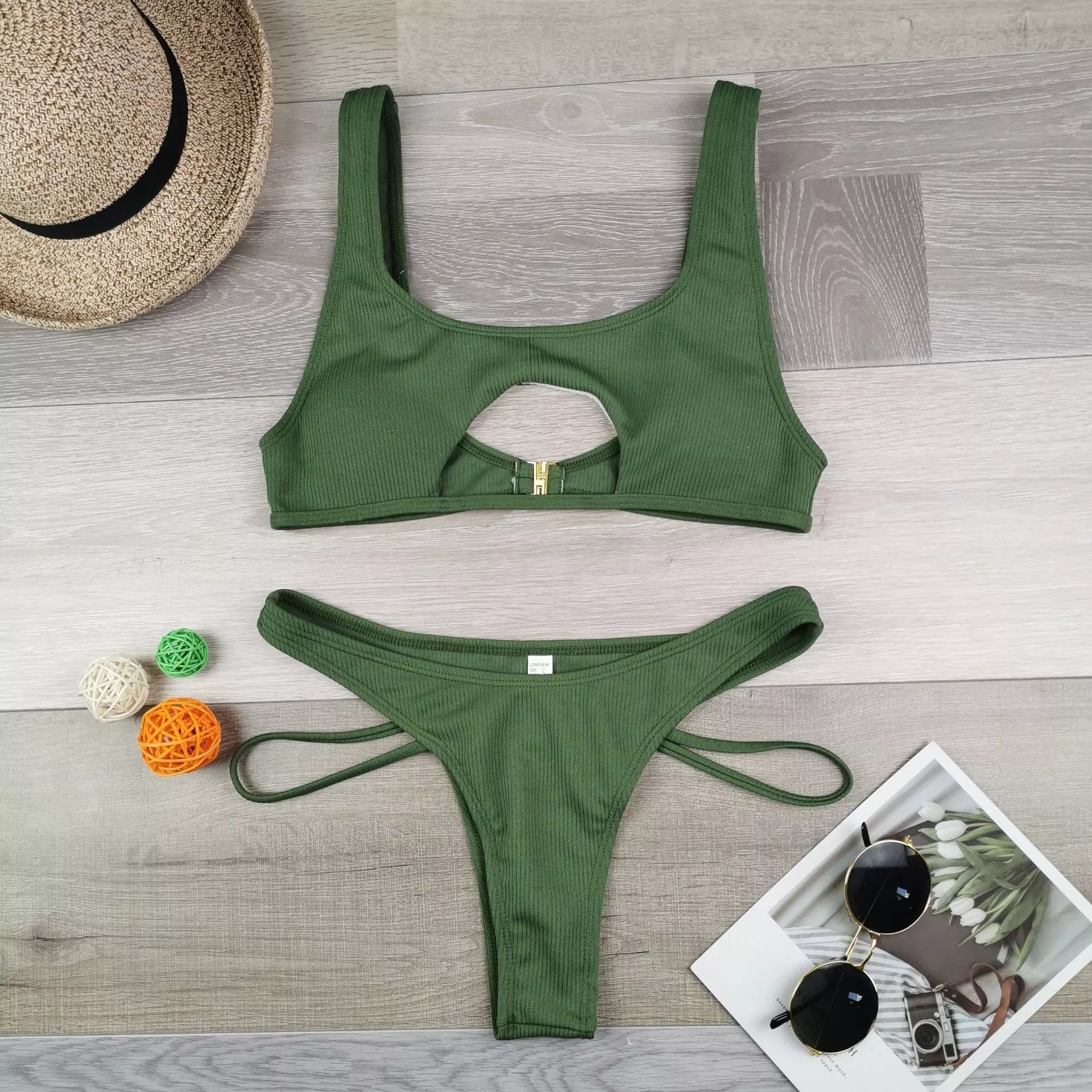 Women's solid colour bikini with hollow snake fabric for swimming