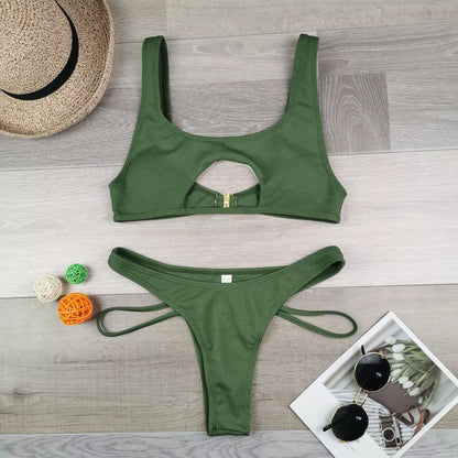 Women's solid colour bikini with hollow snake fabric for swimming