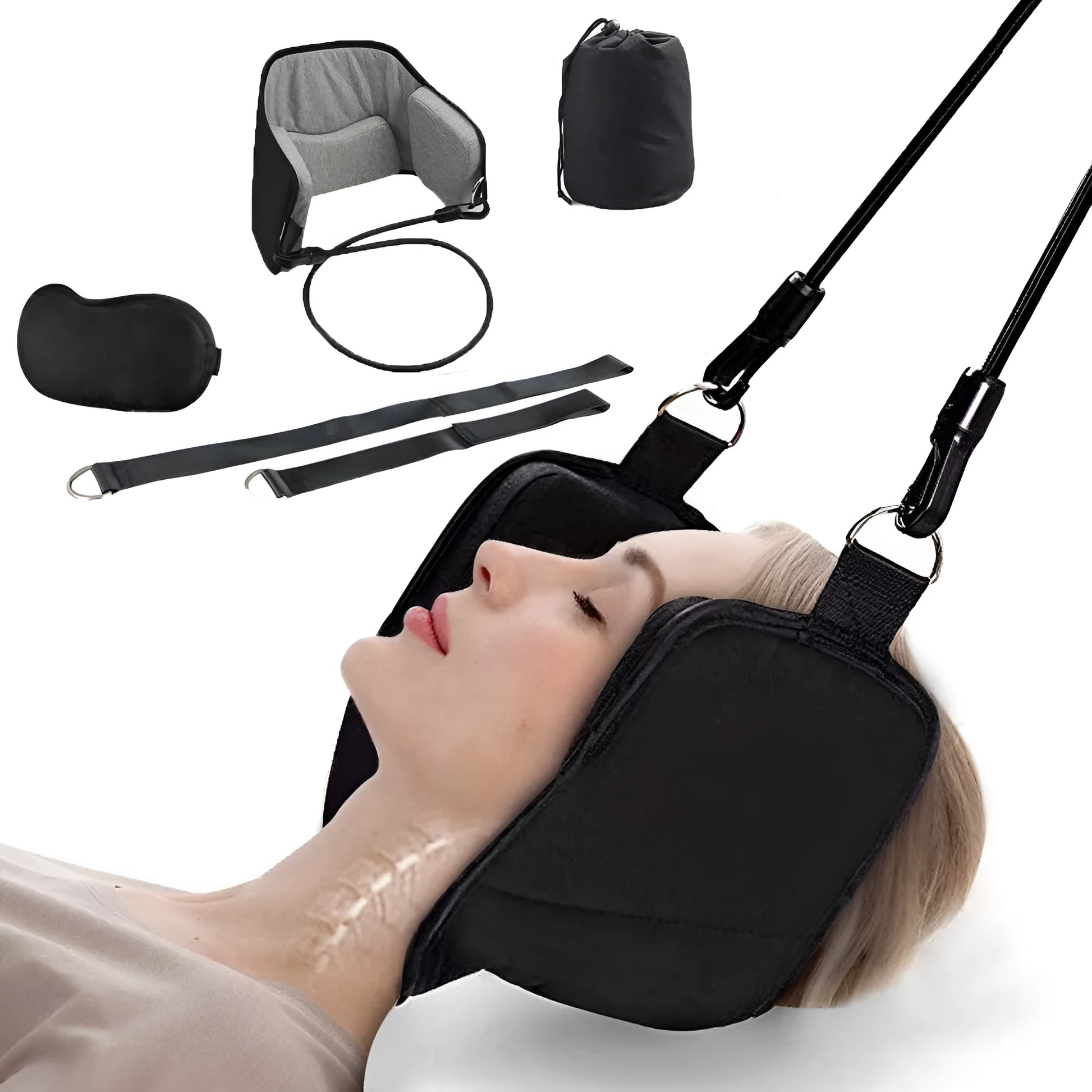 Black neck hammock cervical spine tensioner with velvet, sponge and mesh materials in three-piece set