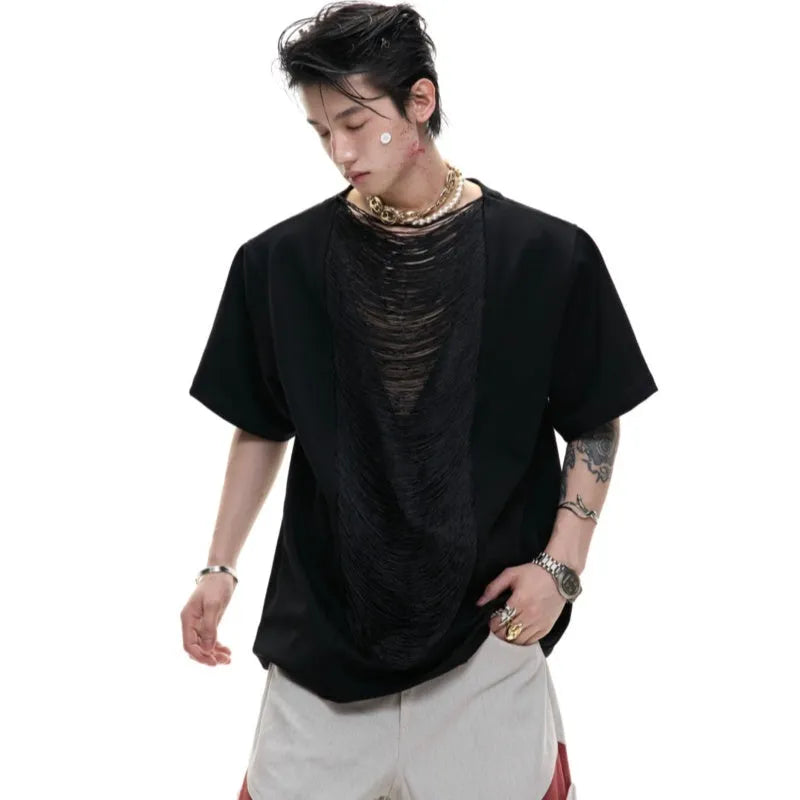 Man's black loose fit t-shirt with a hollow out V-neck design and short sleeves.