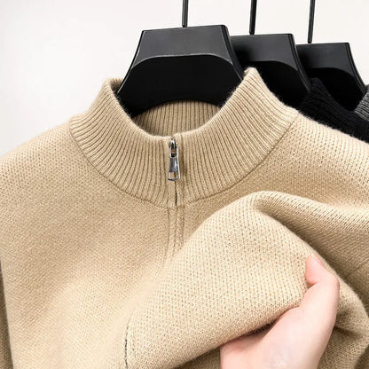 Men's grey knitted zip cardigan with stand collar showing loose fit and thickened fabric texture
