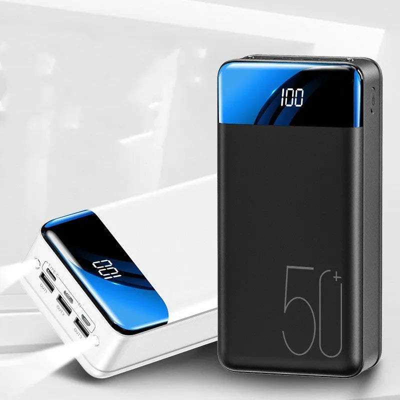 Black large capacity power bank with 50,000mAh, three output ports, and dimensions 169mm by 83mm by 52mm