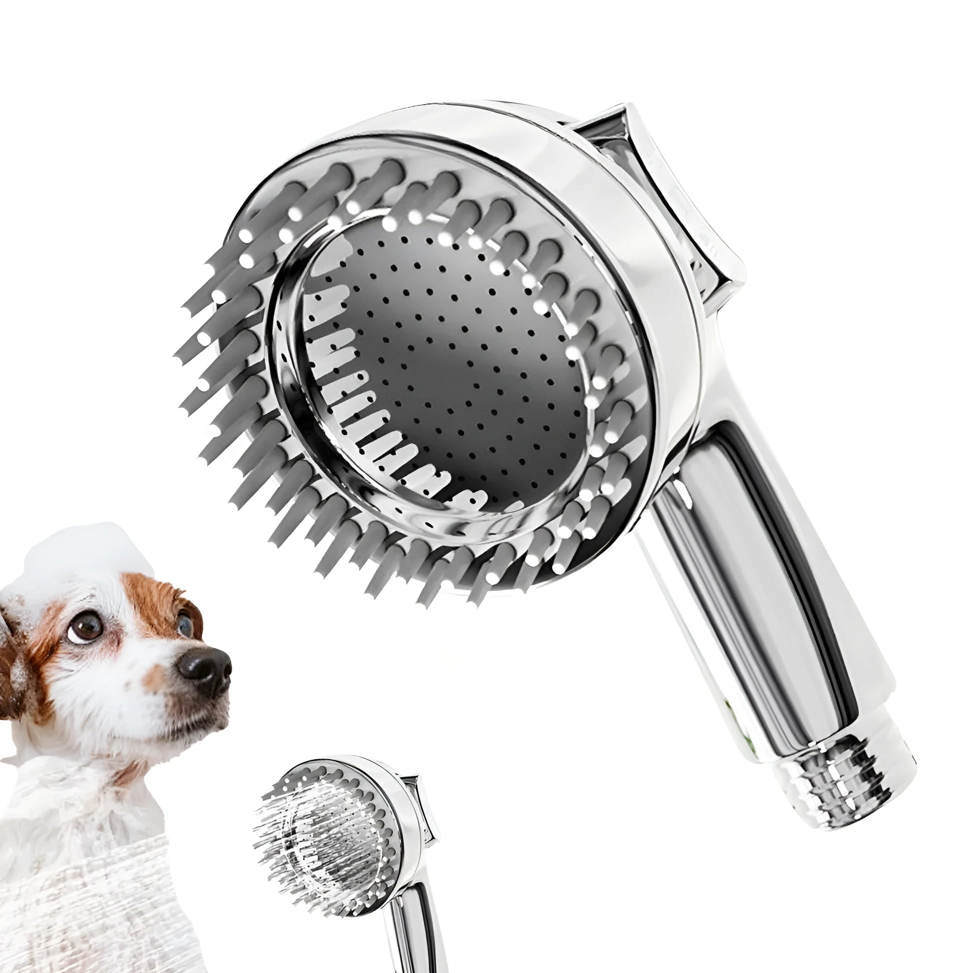 Silver dog shower attachment with integrated silicone comb and rubber grip handles.
