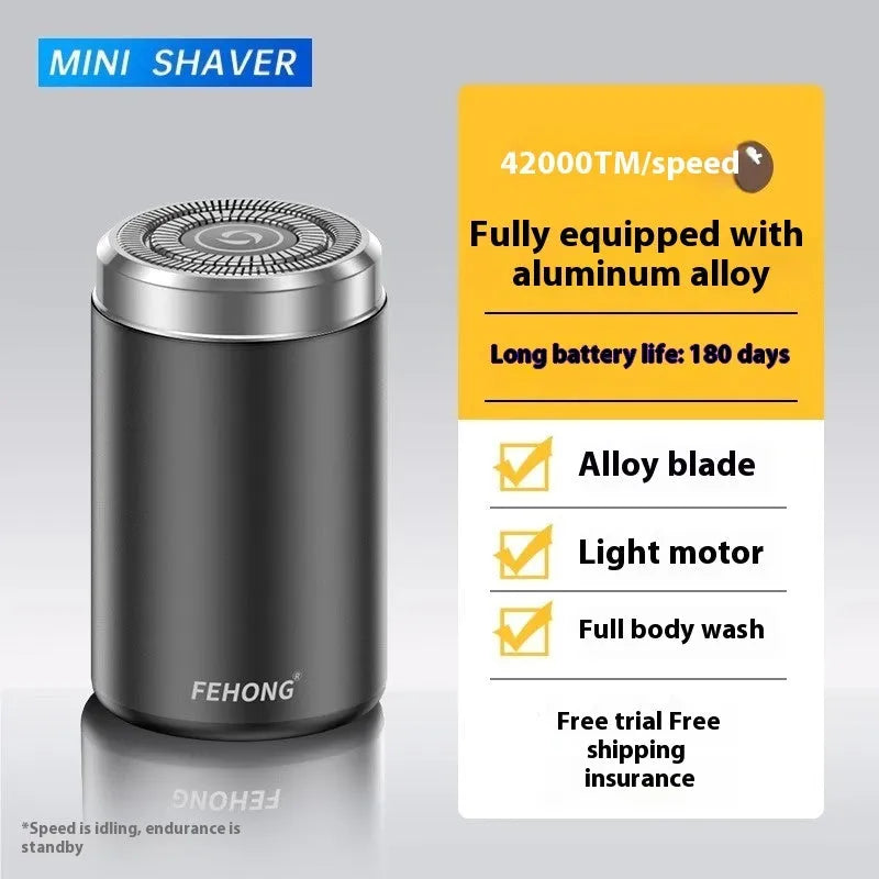Mini gold and black men's electric shaver with washable design and low-noise brushless motor.